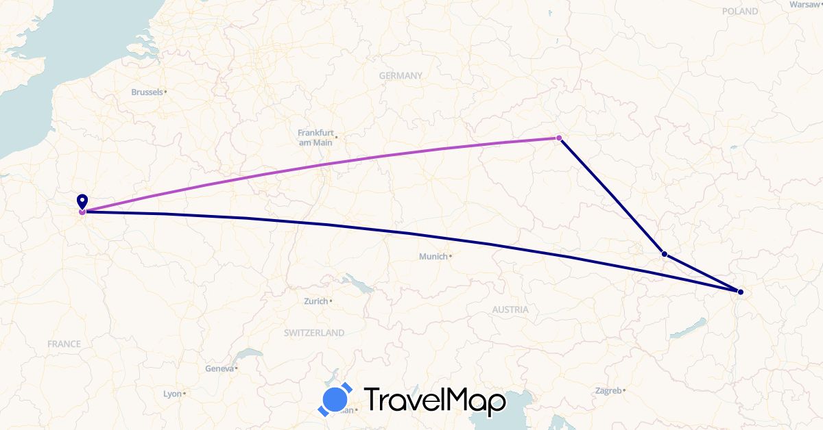 TravelMap itinerary: driving, plane, train in France, Hungary, Slovakia (Europe)